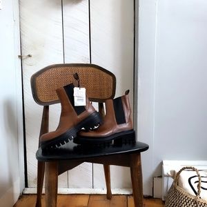 ZARA Brown Leather Ankle Boots with Track Soles 6M
